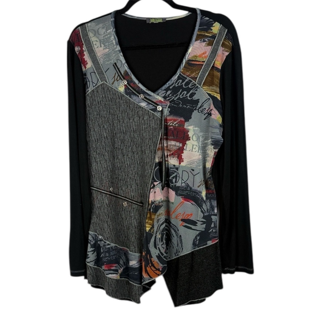 Dolcezza Black Multicolour Artistic Patchwork Long Sleeve Medium Tunic Top
